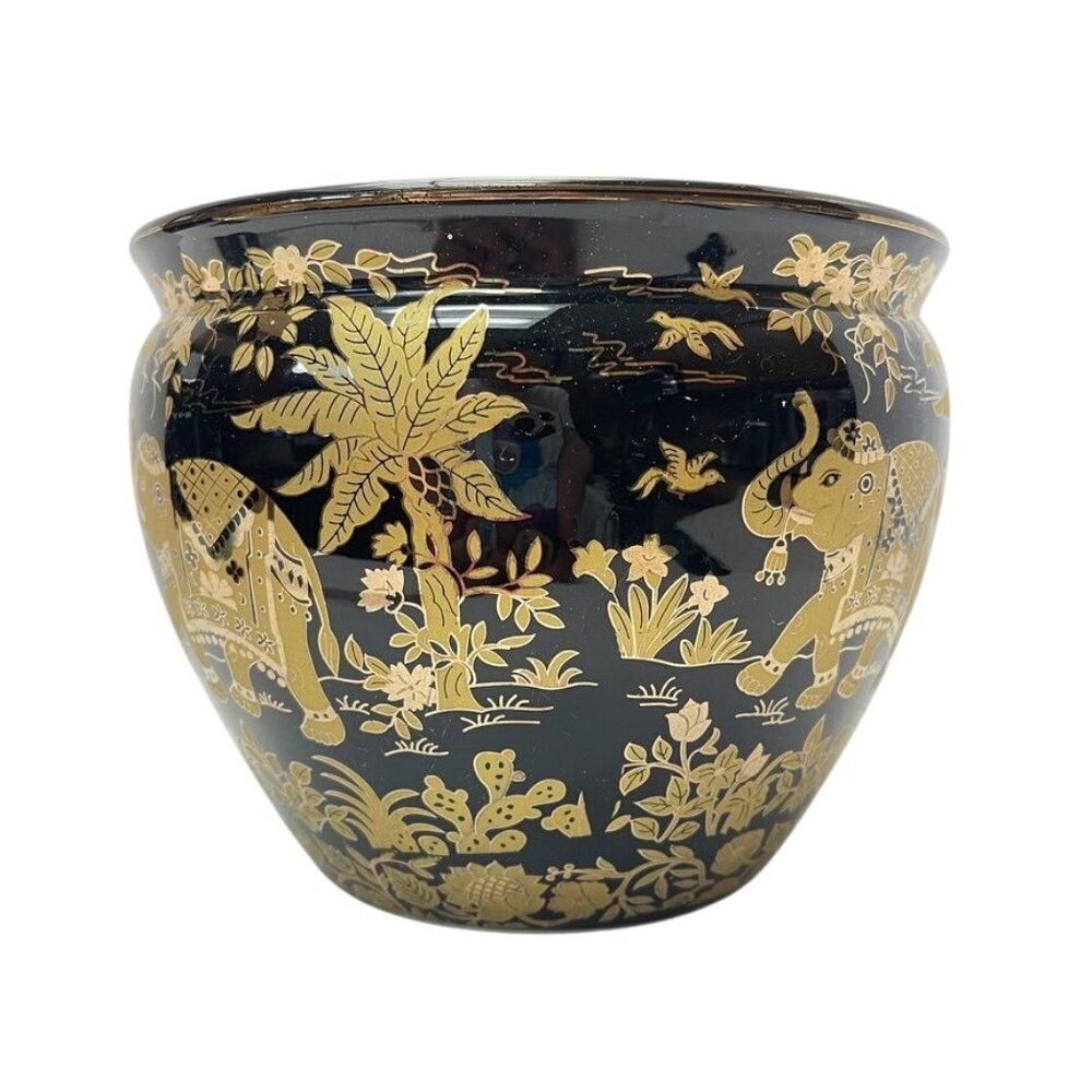 Vintage Black & Gold Elephant Asian Chinoiserie Style Floral Vase - Picture 4 of 7